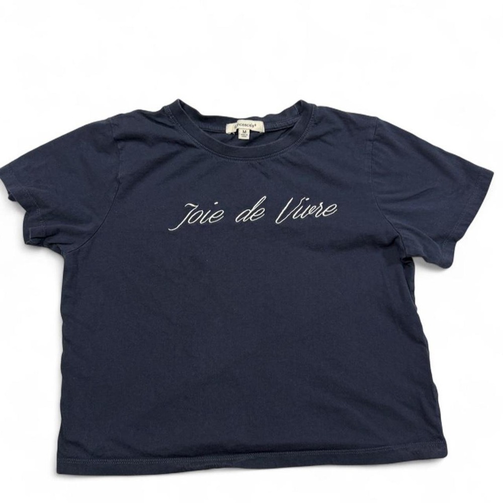 Francesca's Joie de Vivre Embroidered T Shirt Navy Blue Cropped Baby Tee